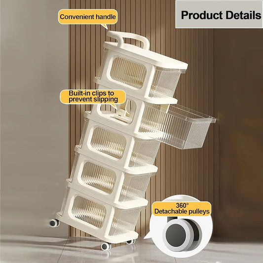 Chariot de rangement à plusieurs niveaux avec tiroirs transparents.