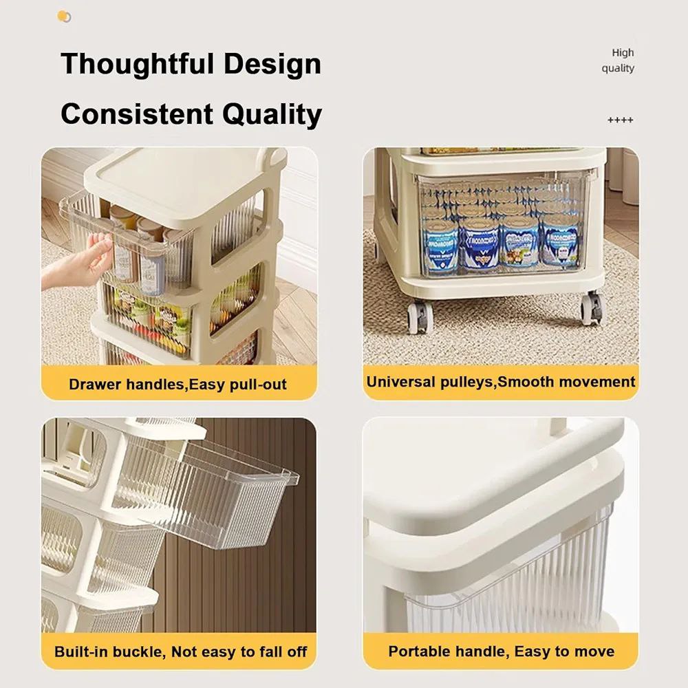 Chariot de rangement à plusieurs niveaux avec tiroirs transparents.