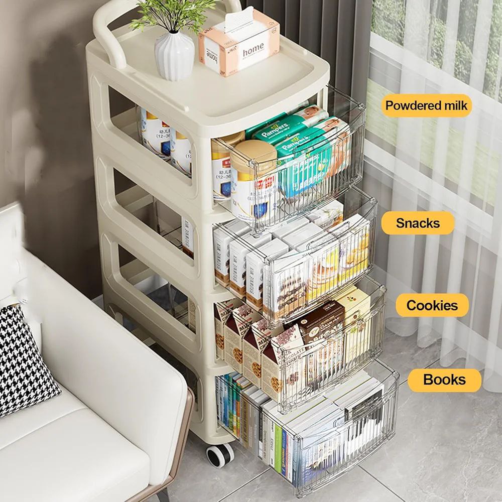 Chariot de rangement à plusieurs niveaux avec tiroirs transparents.