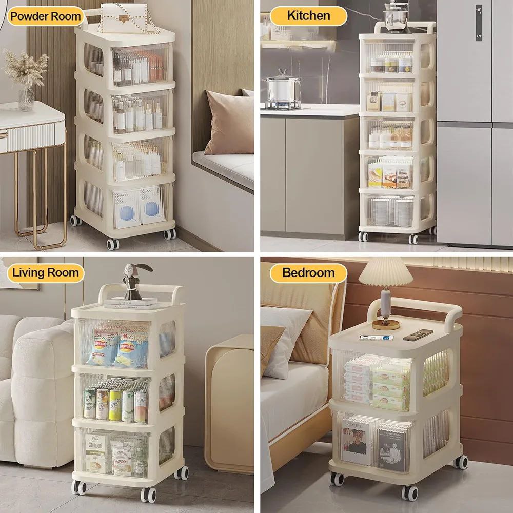 Chariot de rangement à plusieurs niveaux avec tiroirs transparents.