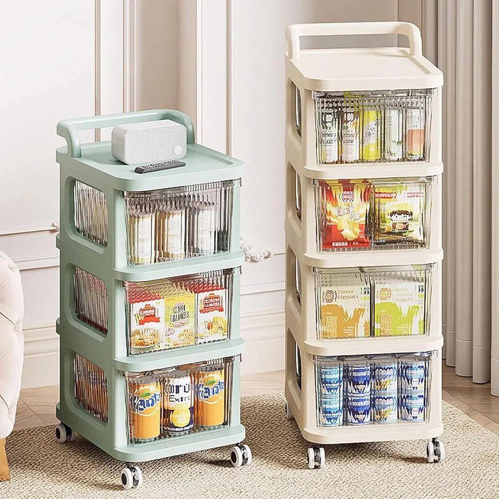 Chariot de rangement à plusieurs niveaux avec tiroirs transparents.